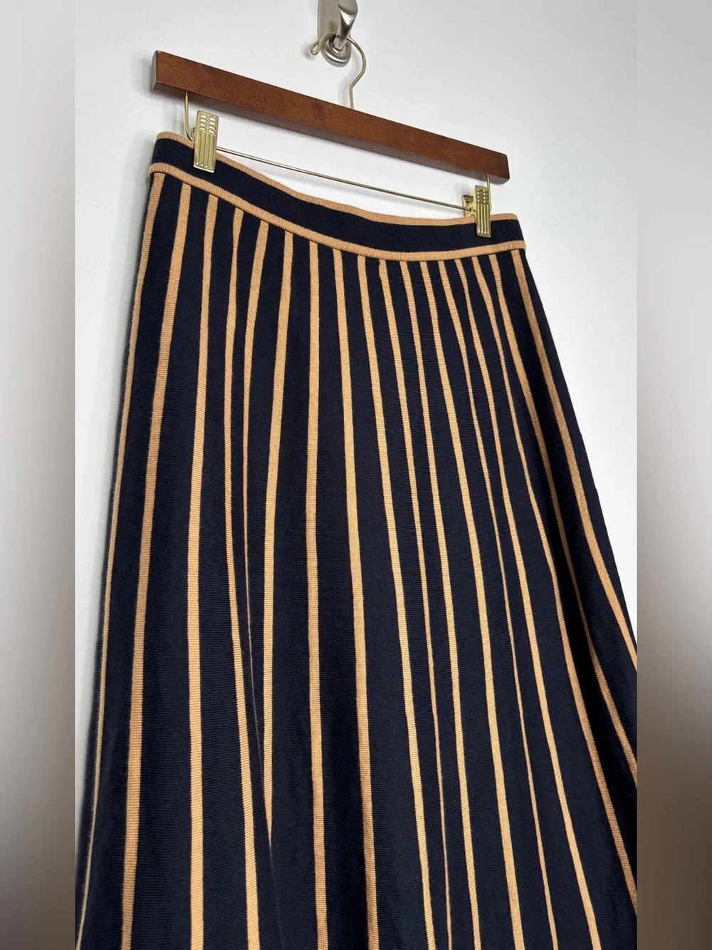 Boden Liz Knitted Midi Skirt Navy Camel Stripe Cotton Wool Size 8